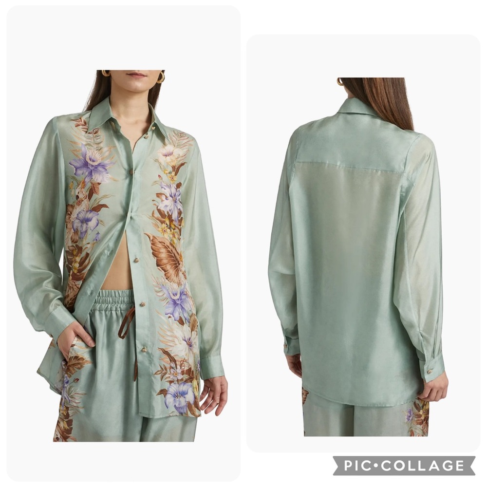 Final Zimmermann Coco Floral Silk Relaxed-Fit Shirt & Trousers Set Sage AU2 US8 - Picture 15 of 16